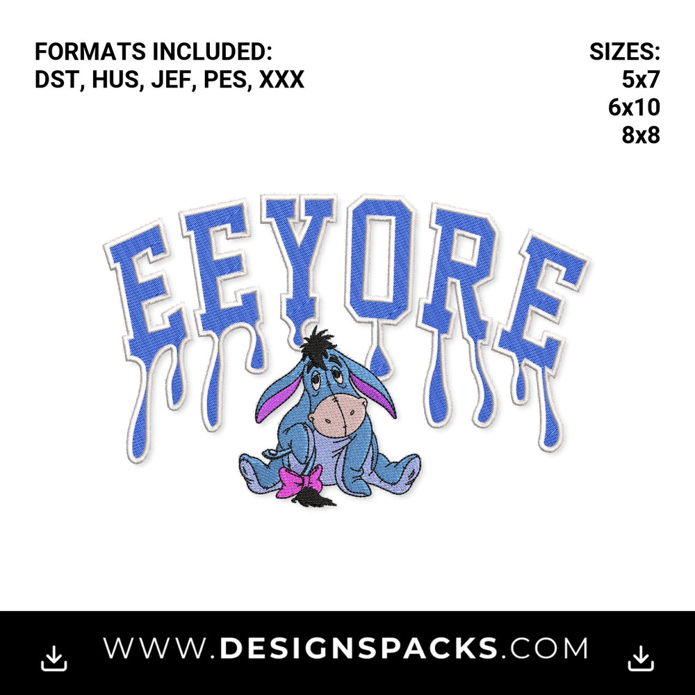 Eeyore Dripping Varsity Letters Embroidery Design - Instant digital download pattern at Designspacks.com