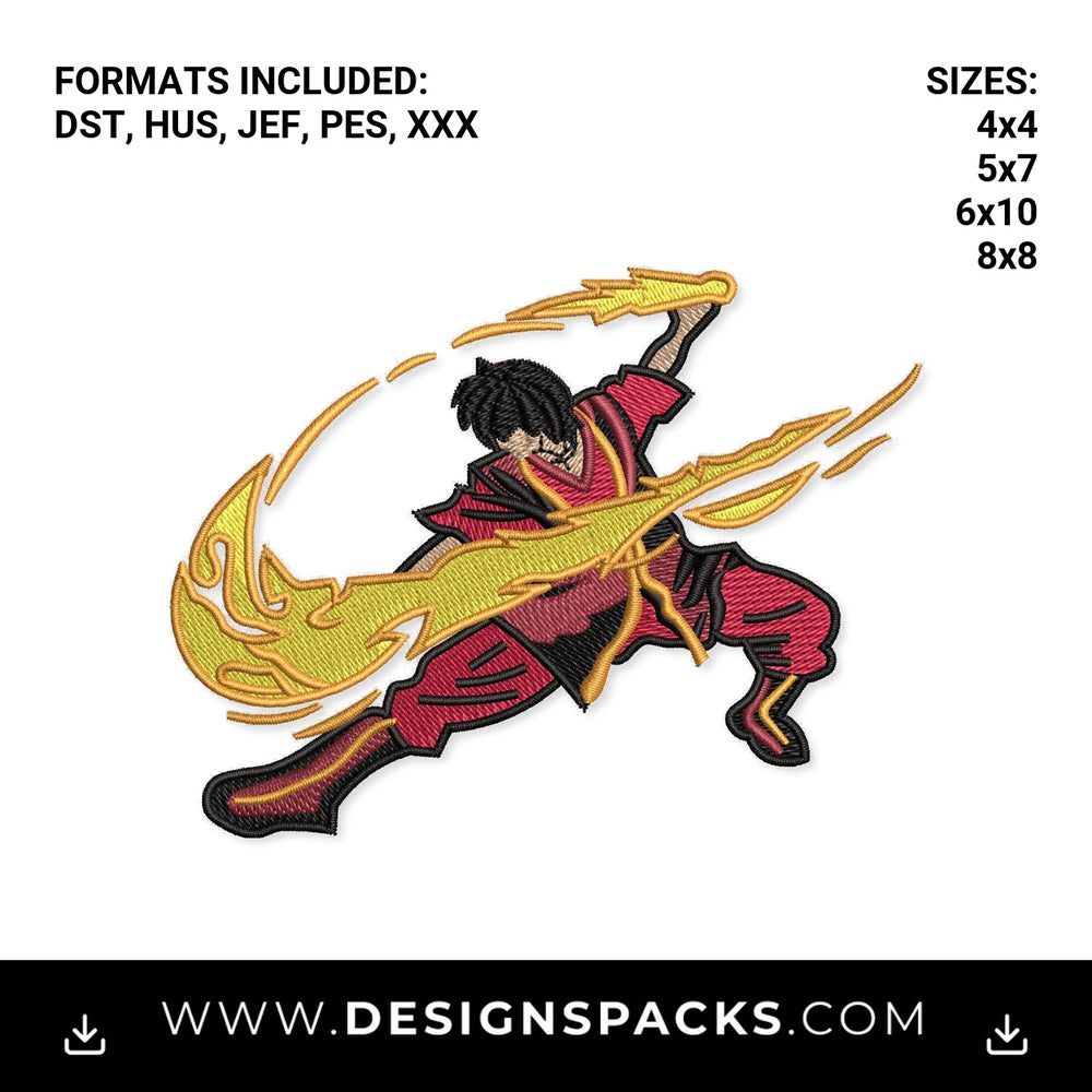 Zuko Firebending Flame Swoosh Embroidery Design - Instant digital download pattern at Designspacks.com