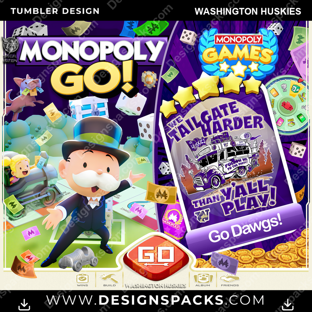 College Sport Monopoly Go! Washington Huskies NCAA College Sport Tumbler Digital Wrap Design Download