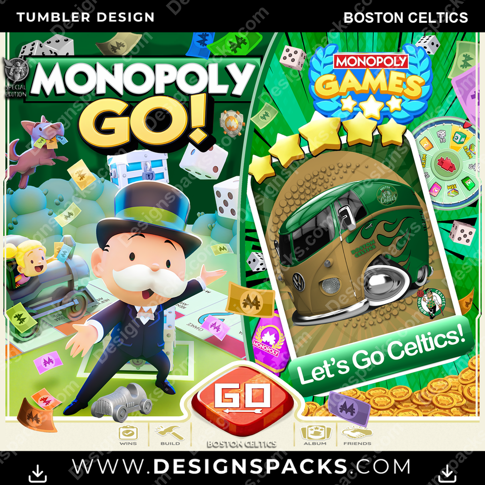 Basketball Monopoly Go! Boston Celtics Tumbler Digital Wrap Design