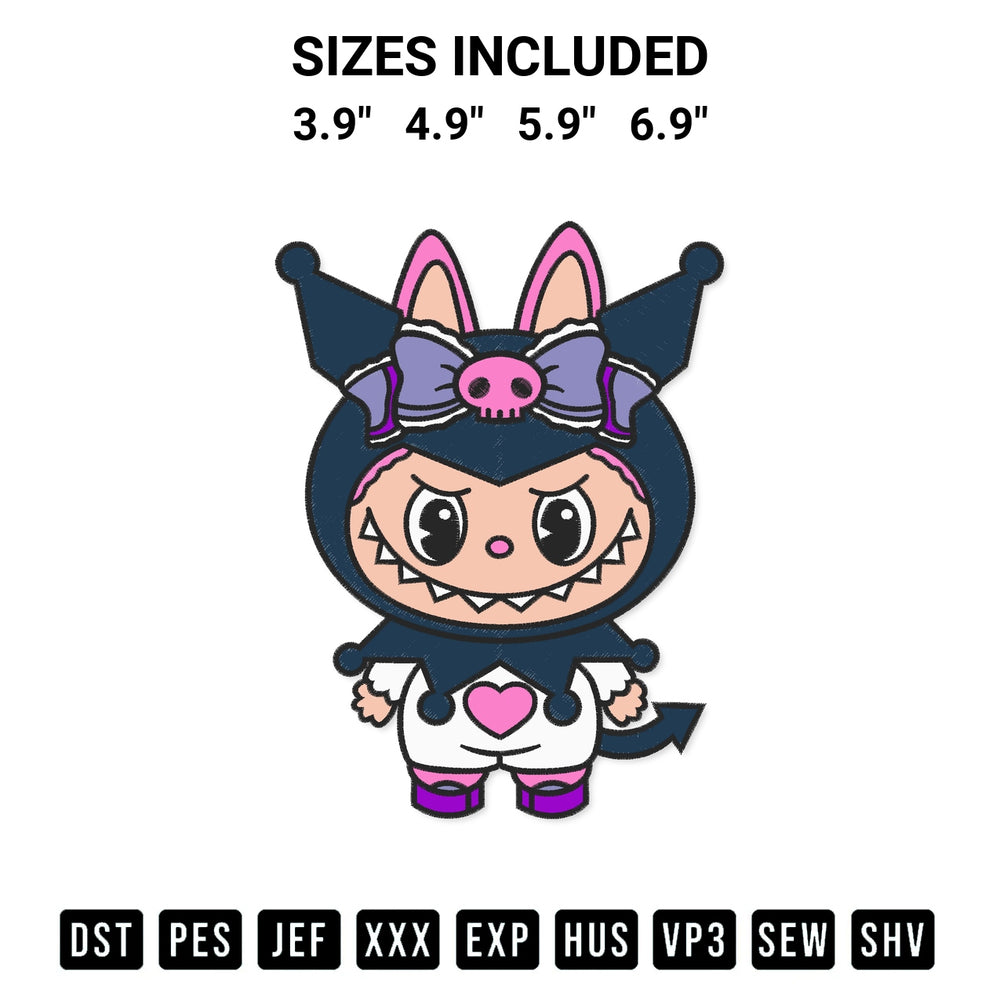 Transform your fabrics with the Kuromi Labubu Embroidery Design embroidery design. Instant access to premium digitized patterns at Designspacks.com. Available sizes: 3.9", 4.9", 5.9", 6.9".