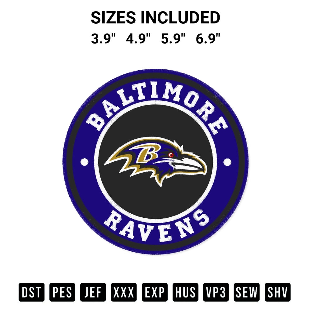 Discover the perfect addition to your crafting collection: Baltimore Ravens Circle Logo Embroidery Design embroidery file. Instantly available at Designspacks.com. Available sizes: 3.9", 4.9", 5.9", 6.9".