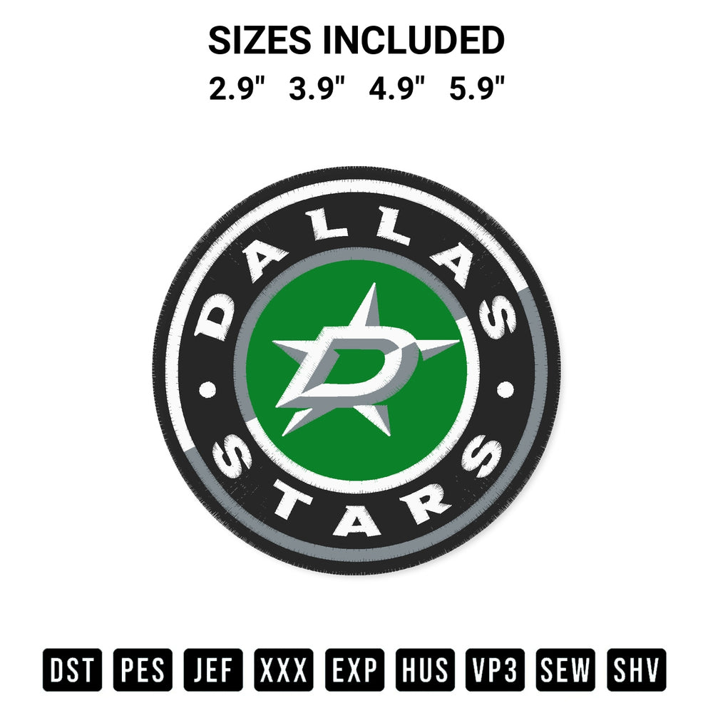 Transform your fabrics with the Nhl Dallas Stars Circle Embroidery Design embroidery design. Instant access to premium digitized patterns at Designspacks.com. Available sizes: 2.9", 3.9", 4.9", 5.9".