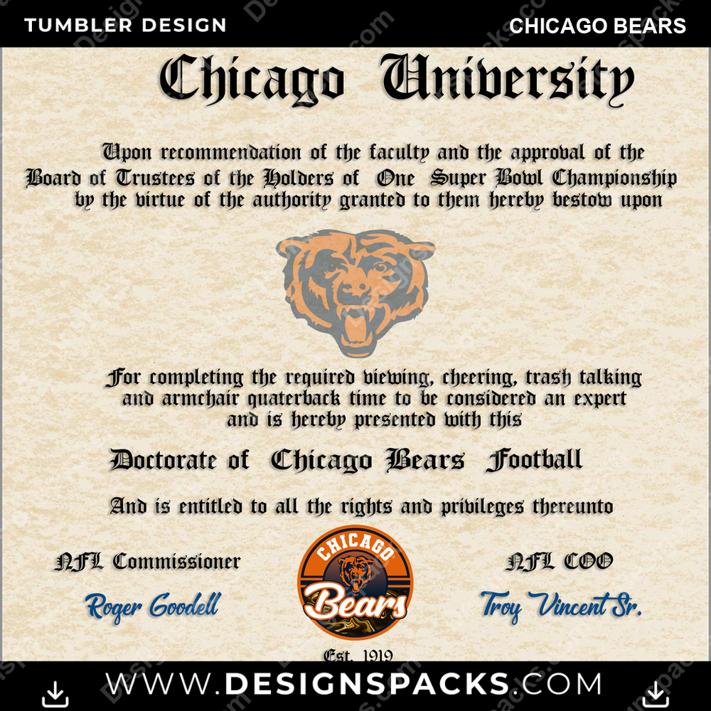 Football Diploma Chicago Bears Tumbler Digital Wrap Design