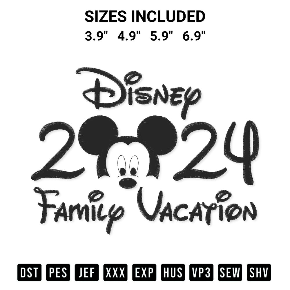 Stitch like a pro with the Mickey Disney Family Vacation 2024 Embroidery Design embroidery pattern from Designspacks.com. High-quality digital machine embroidery file. Available sizes: 3.9", 4.9", 5.9", 6.9".
