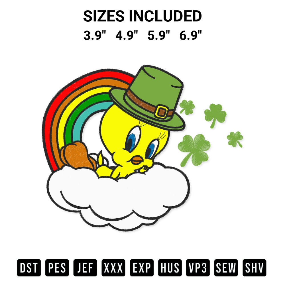 Discover the perfect addition to your crafting collection: Tweety Bird St Patricks Day Embroidery Design embroidery file. Instantly available at Designspacks.com. Available sizes: 3.9", 4.9", 5.9", 6.9".