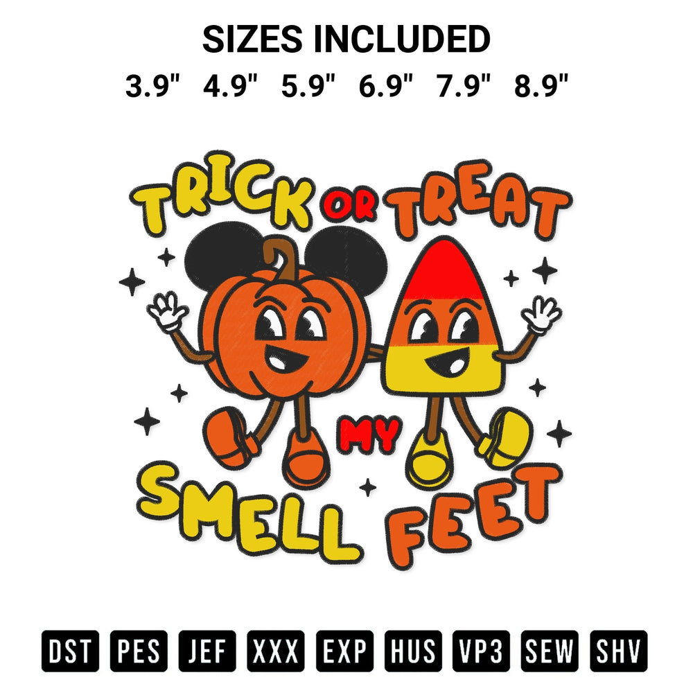 Create amazing crafts with the Trick Or Treat Smell My Feet Embroidery Design embroidery file. High-quality digital download from Designspacks.com, perfect for beginners and pros. Available sizes: 3.9", 4.9", 5.9", 6.9", 7.9", 8.9".