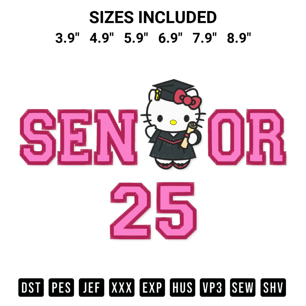 Add a unique touch to your apparel with the Kitty Senior 2025 Embroidery Design embroidery file. Premium instant download available now on Designspacks.com. Available sizes: 3.9", 4.9", 5.9", 6.9", 7.9", 8.9".