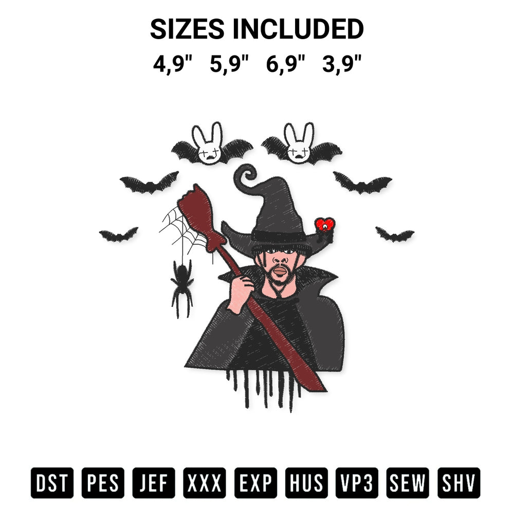 Create amazing crafts with the Bad Bunny Witch Un Halloween Sin Ti Un Verano Sin Ti Halloween Logo Embroidery Design embroidery file. High-quality digital download from Designspacks.com, perfect for beginners and pros. Available sizes: 4,9", 5,9", 6,9", 3,9".