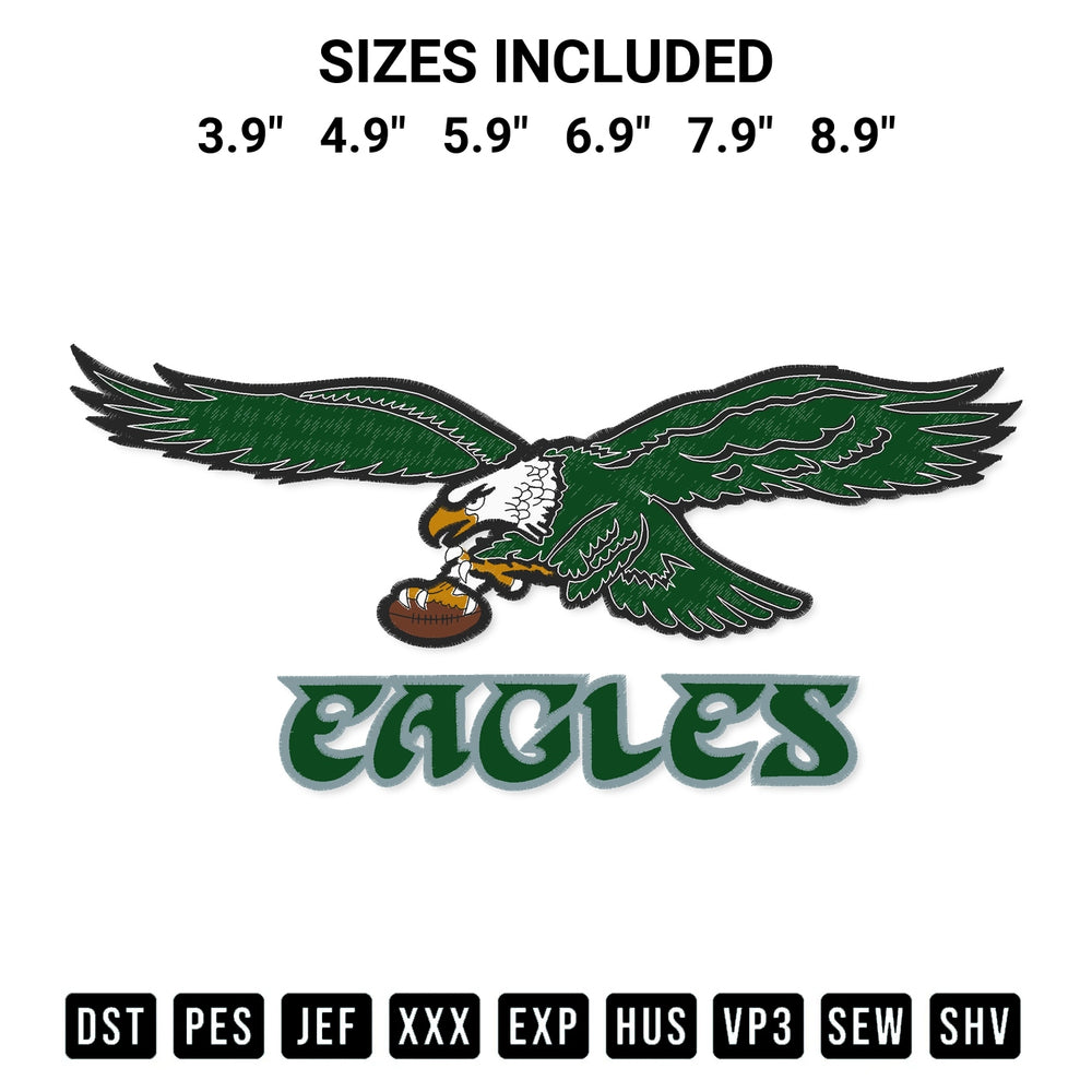 Add a unique touch to your apparel with the Philadelphia Eagles Nfl Fan Embroidery Design embroidery file. Premium instant download available now on Designspacks.com. Available sizes: 3.9", 4.9", 5.9", 6.9", 7.9", 8.9".