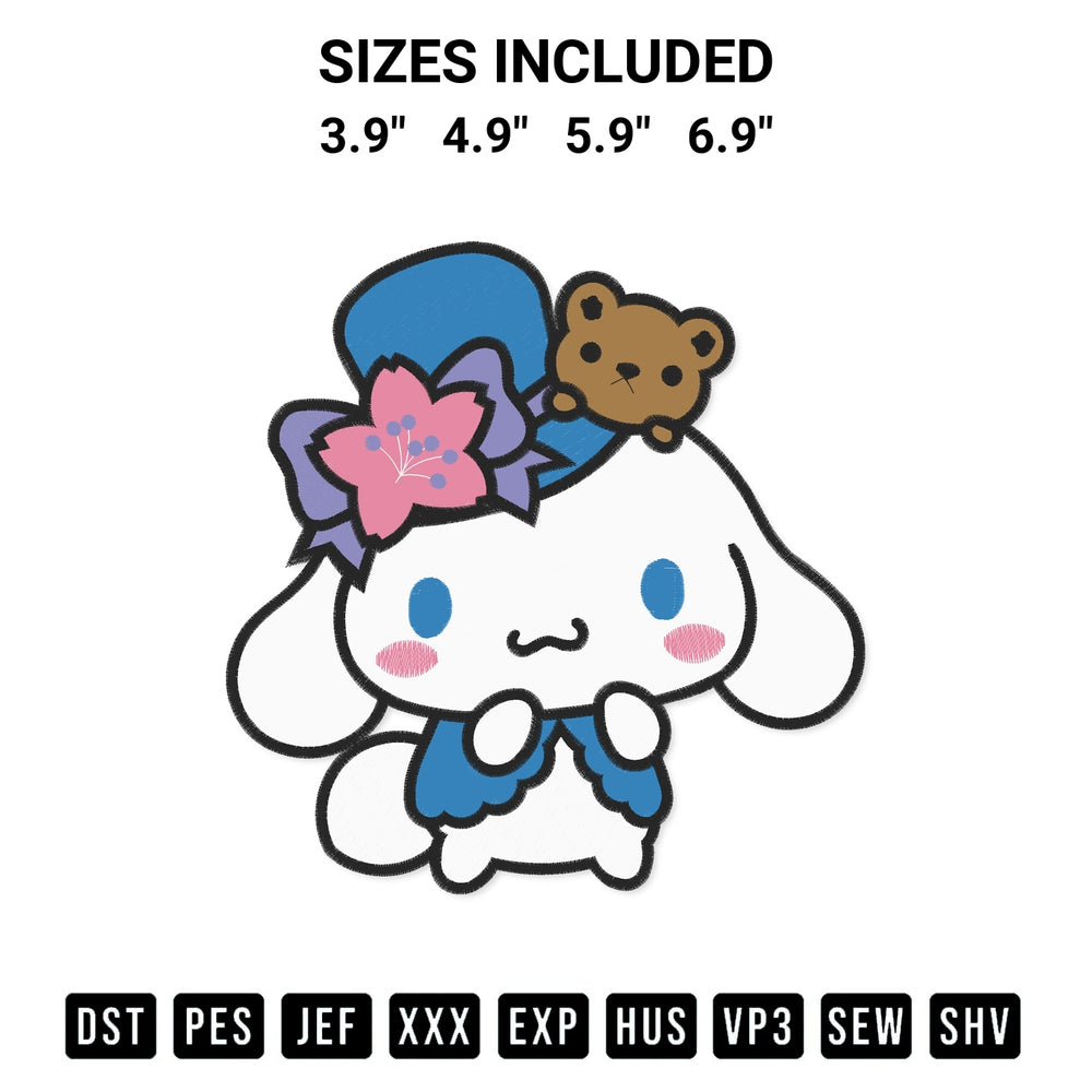 Stitch like a pro with the Cinnamoroll With Teddy Bear Embroidery Design embroidery pattern from Designspacks.com. High-quality digital machine embroidery file. Available sizes: 3.9", 4.9", 5.9", 6.9".