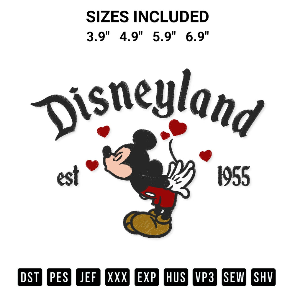 Shop the Mickey Disneyland Est 1955 Embroidery Design machine embroidery pattern at Designspacks.com. Beautifully digitized for flawless stitching on any fabric. Available sizes: 3.9", 4.9", 5.9", 6.9".