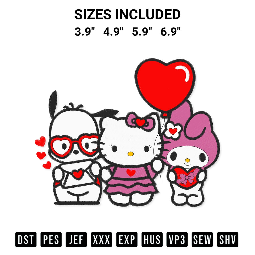 Get the Valentine Hello Kitty And Friends Embroidery Design embroidery design for your custom crafts! Premium digitized files available for instant download at Designspacks.com. Available sizes: 3.9", 4.9", 5.9", 6.9".