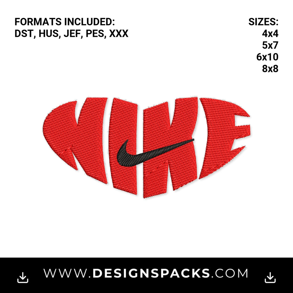 Red Nike Heart Logo with Black Swoosh Embroidery Design - Instant digital download pattern at Designspacks.com