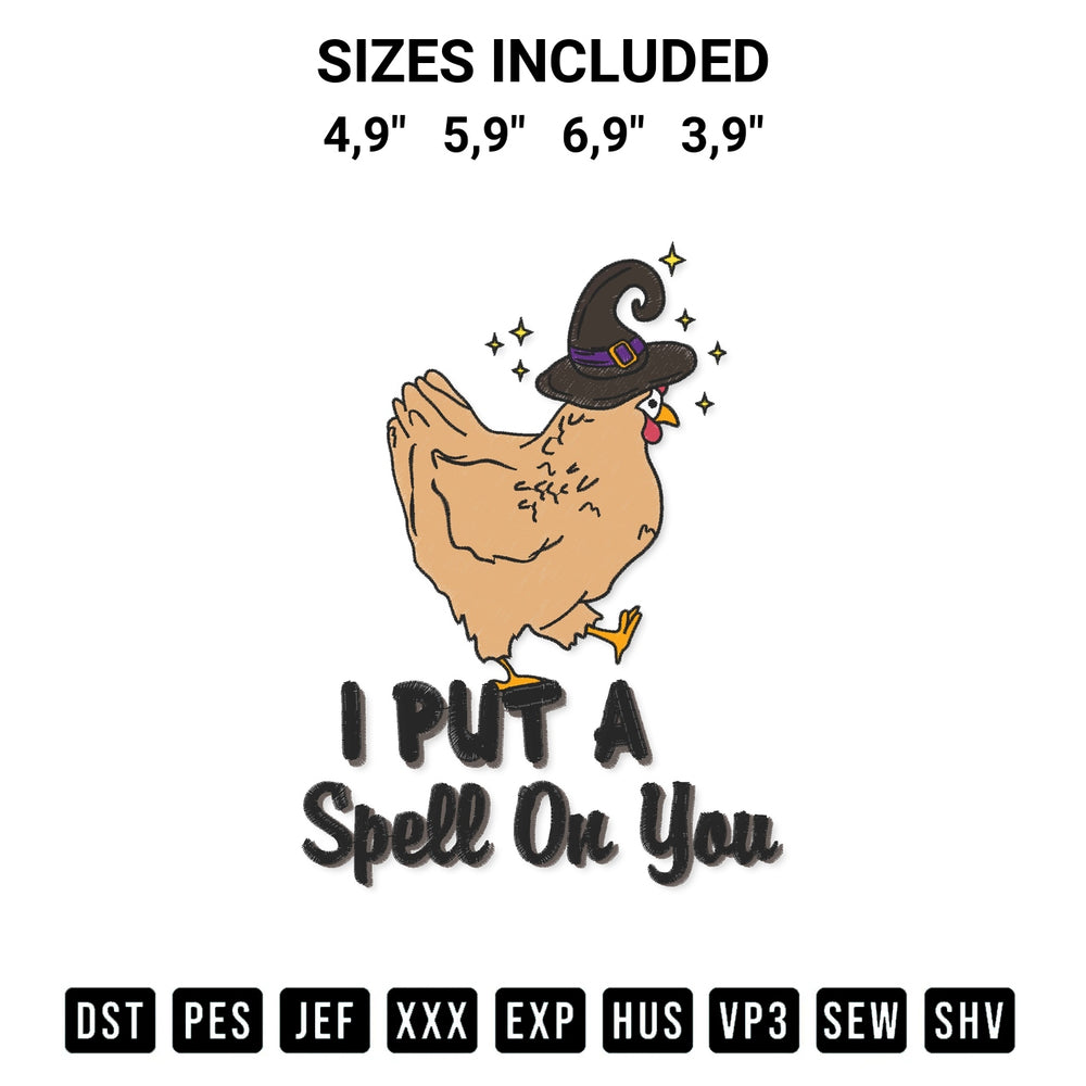 Transform your fabrics with the Chicken Witch I Put A Spell On You Spooky Halloween Chicken Logo Embroidery Design embroidery design. Instant access to premium digitized patterns at Designspacks.com. Available sizes: 4,9", 5,9", 6,9", 3,9".