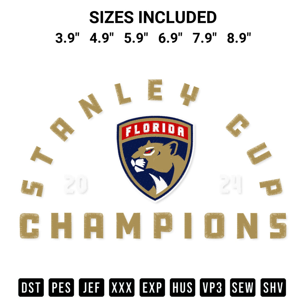Elevate your next project with our Florida Panthers Stanley Cup Champions 2024 Embroidery Design embroidery file. Shop high-quality digital patterns instantly at Designspacks.com. Available sizes: 3.9", 4.9", 5.9", 6.9", 7.9", 8.9".