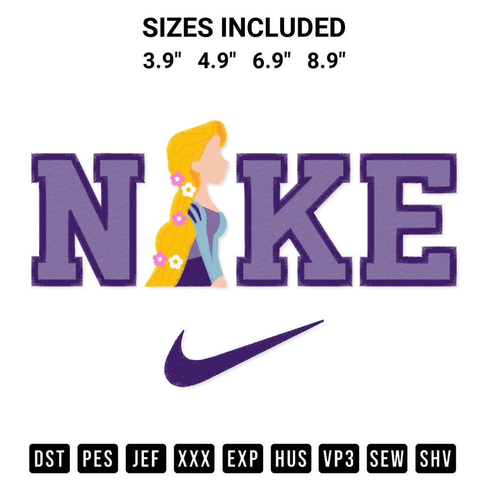 Discover the perfect addition to your crafting collection: Nike Rapunzel Embroidery Design embroidery file. Instantly available at Designspacks.com. Available sizes: 3.9", 4.9", 6.9", 8.9".
