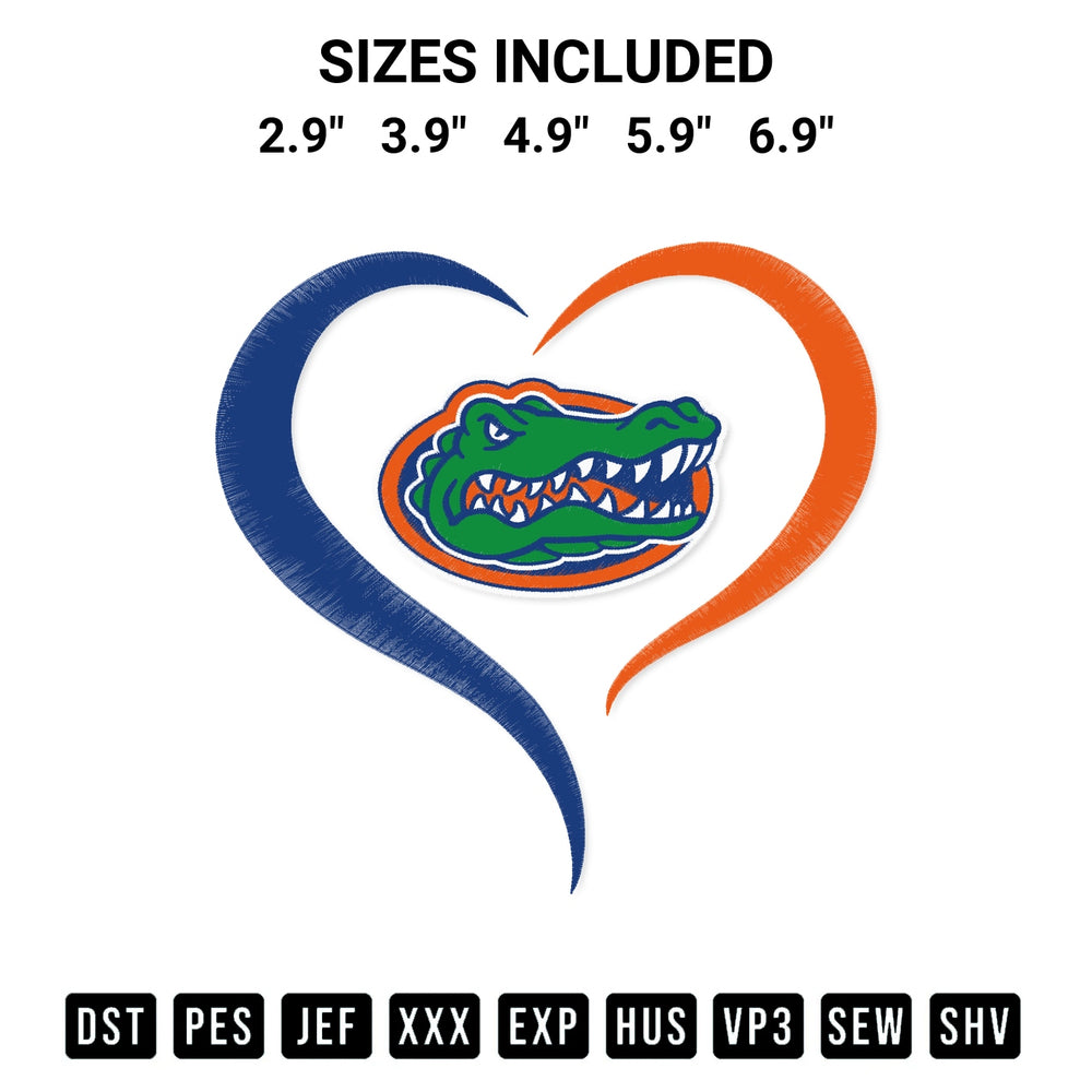 Create amazing crafts with the Florida Gators Heart Embroidery Design embroidery file. High-quality digital download from Designspacks.com, perfect for beginners and pros. Available sizes: 2.9", 3.9", 4.9", 5.9", 6.9".