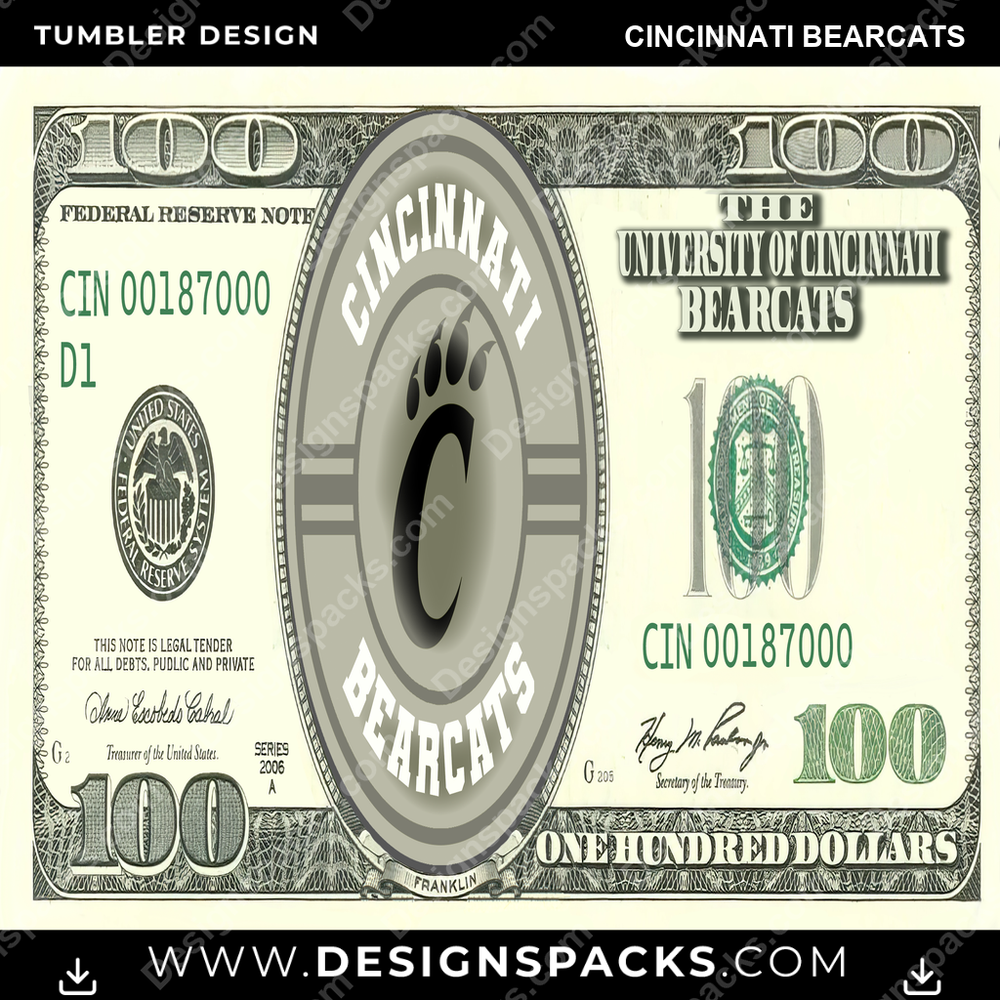 College Sport 100 Dollar Bill Cincinnati Bearcats NCAA College Sport Tumbler Digital Wrap Design Download