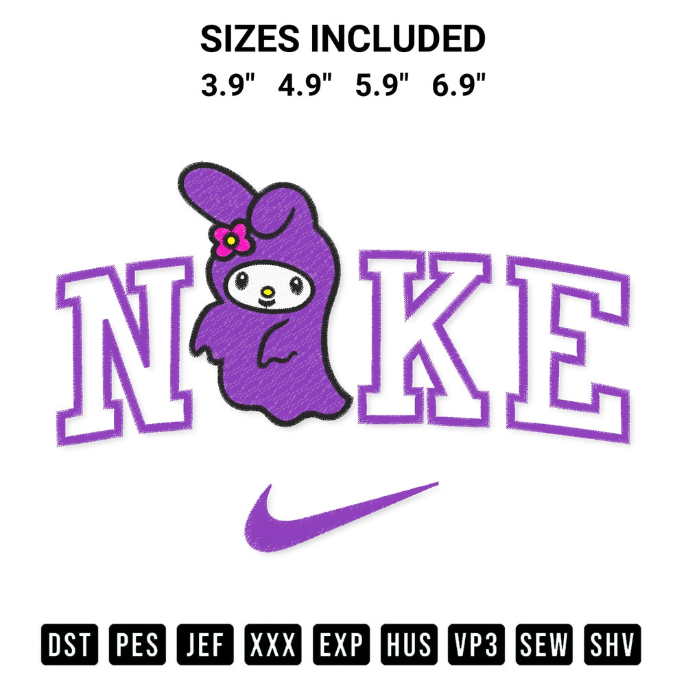Transform your fabrics with the Nike My Melody Ghost Embroidery Design embroidery design. Instant access to premium digitized patterns at Designspacks.com. Available sizes: 3.9", 4.9", 5.9", 6.9".