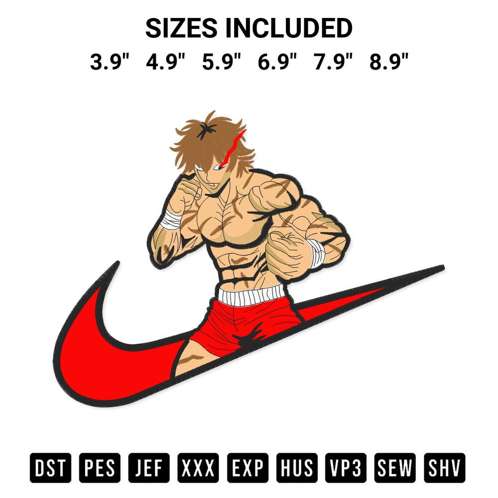 Add a unique touch to your apparel with the Baki Hanma Swoosh Embroidery Design embroidery file. Premium instant download available now on Designspacks.com. Available sizes: 3.9", 4.9", 5.9", 6.9", 7.9", 8.9".