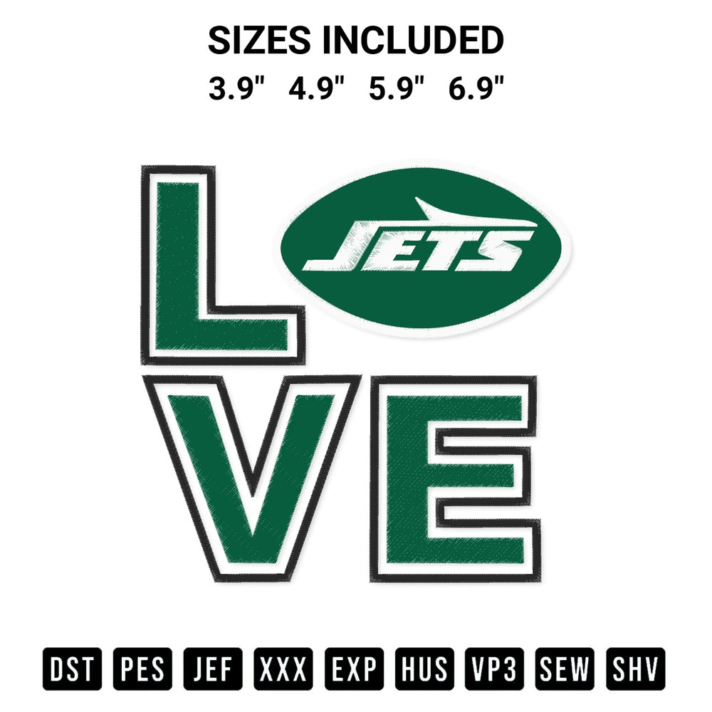 Discover the perfect addition to your crafting collection: Love New York Jets Embroidery Design embroidery file. Instantly available at Designspacks.com. Available sizes: 3.9", 4.9", 5.9", 6.9".