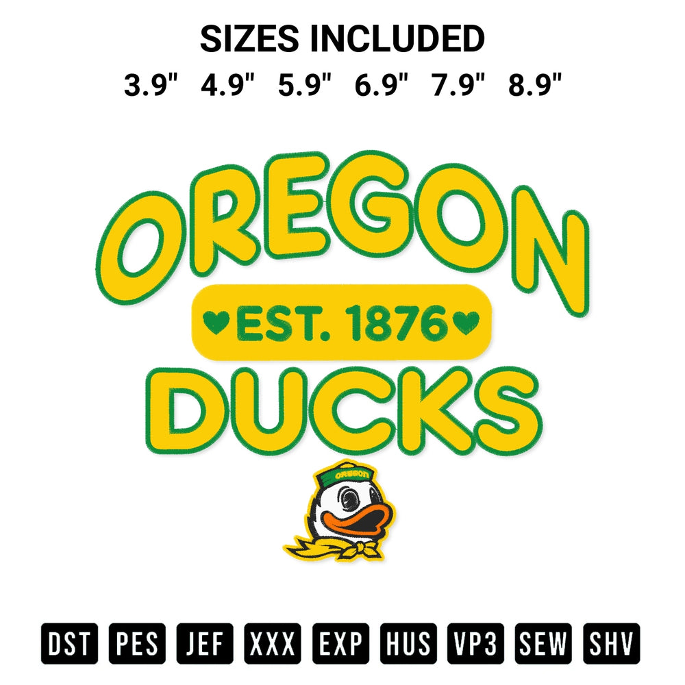Looking for the perfect pattern? Download the Mascot Oregon Ducks Est 1876 Embroidery Design embroidery design today at Designspacks.com. Crisp, clean stitching guaranteed. Available sizes: 3.9", 4.9", 5.9", 6.9", 7.9", 8.9".