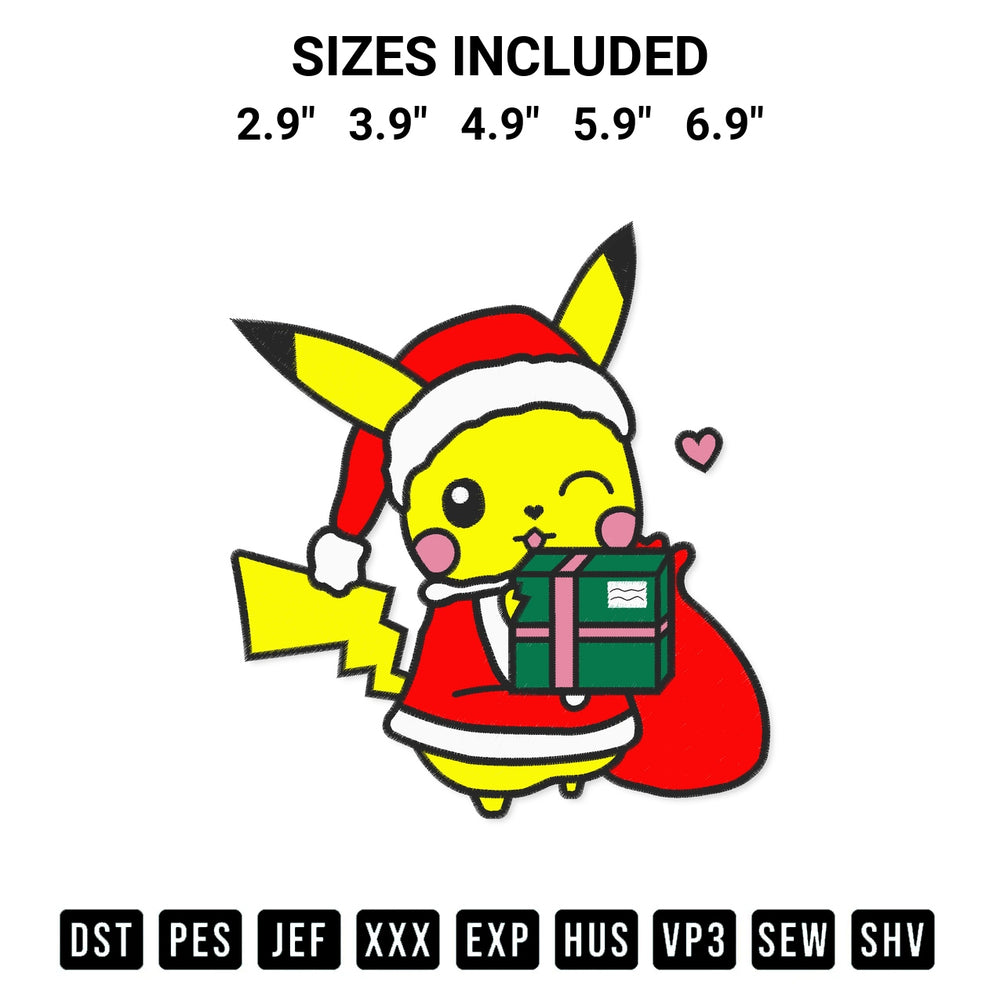 Add a unique touch to your apparel with the Pikachu With Gifts Box Christmas Embroidery Design embroidery file. Premium instant download available now on Designspacks.com. Available sizes: 2.9", 3.9", 4.9", 5.9", 6.9".