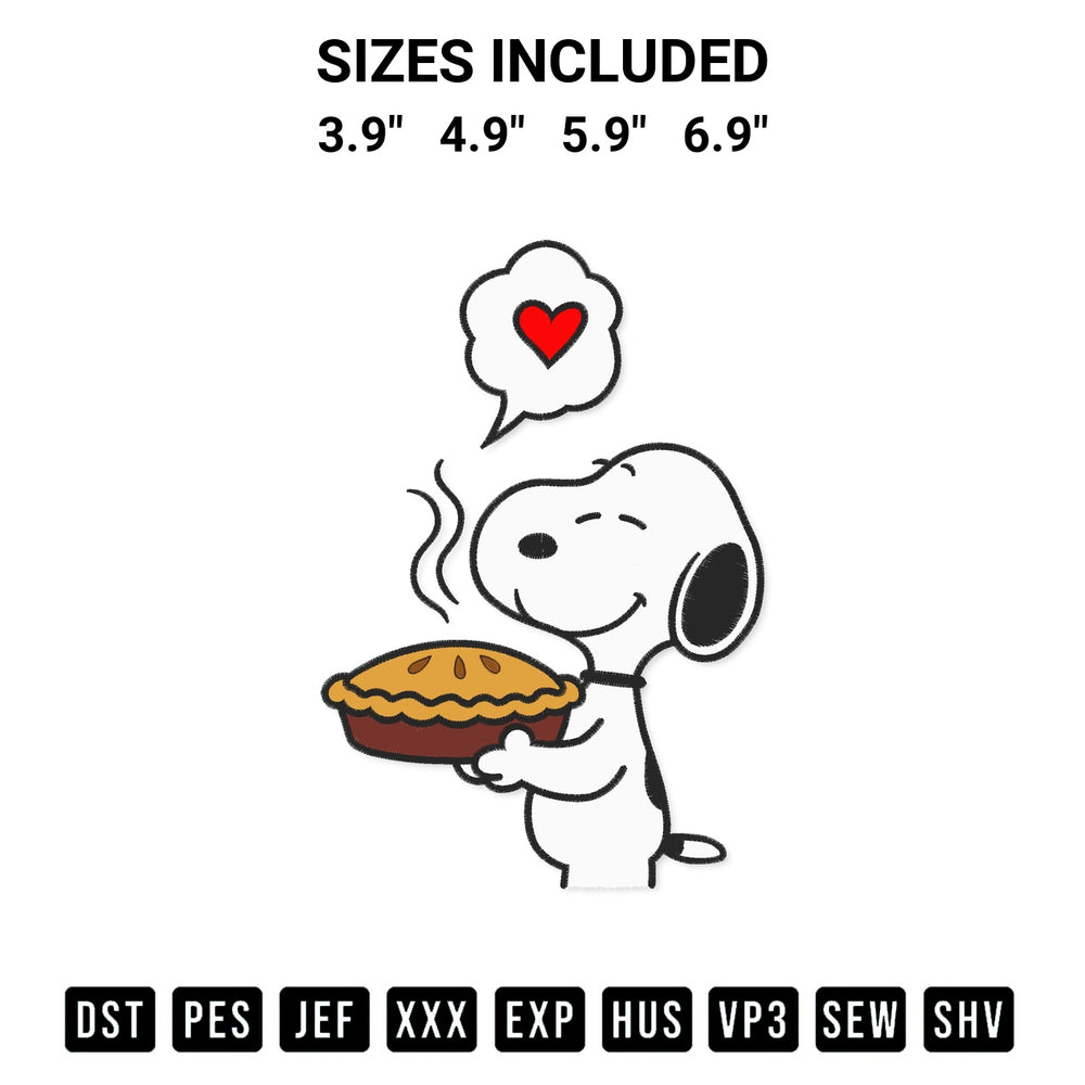Create amazing crafts with the Snoopy Holding Fresh Baked Pie Embroidery Design embroidery file. High-quality digital download from Designspacks.com, perfect for beginners and pros. Available sizes: 3.9", 4.9", 5.9", 6.9".