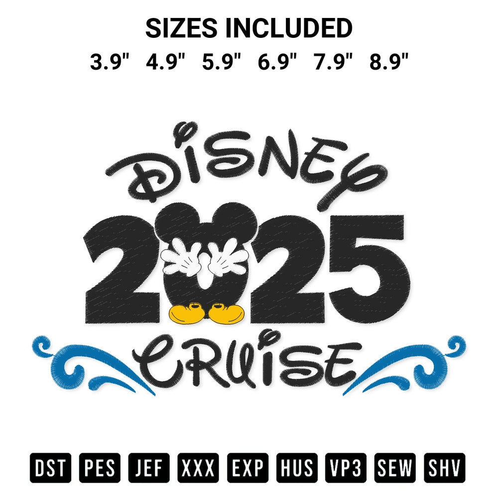 Create amazing crafts with the Disney Cruise Mickey 2025 Embroidery Design embroidery file. High-quality digital download from Designspacks.com, perfect for beginners and pros. Available sizes: 3.9", 4.9", 5.9", 6.9", 7.9", 8.9".