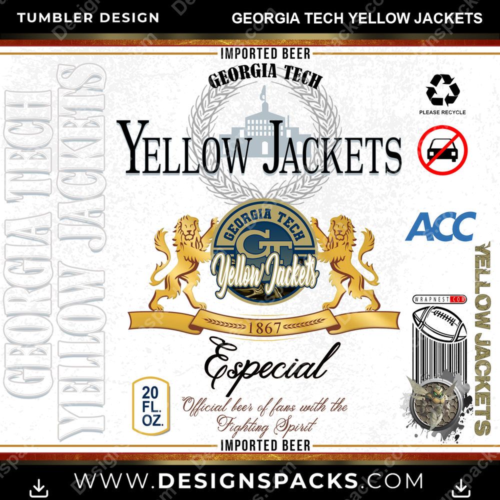 College Sport Modelo Georgia Tech Yellow Jackets Tumbler Digital Wrap Design