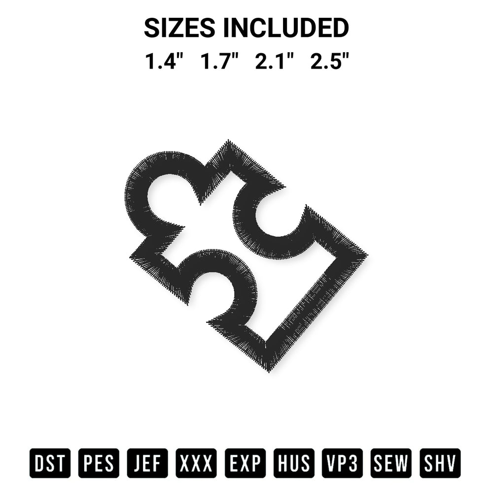 Add a unique touch to your apparel with the Puzzle Embroidery Design embroidery file. Premium instant download available now on Designspacks.com. Available sizes: 1.4", 1.7", 2.1", 2.5".