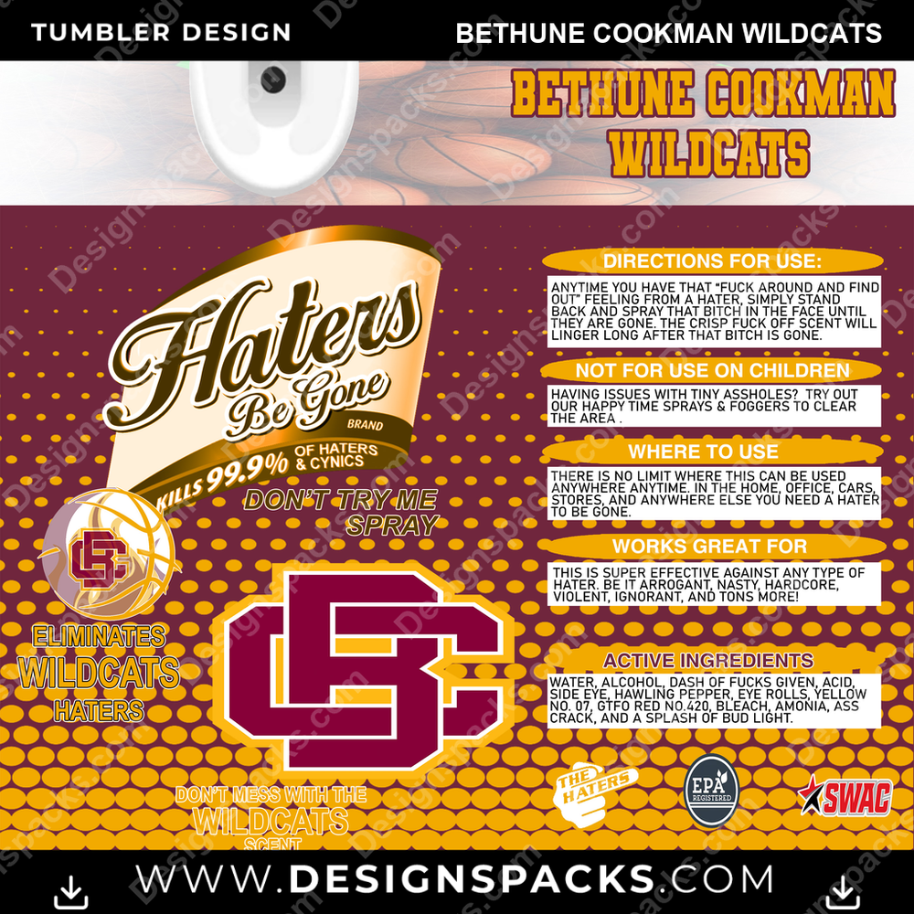 College Sport Hates Be Gone (MBB) Bethune Cookman Wildcats Tumbler Digital Wrap Design