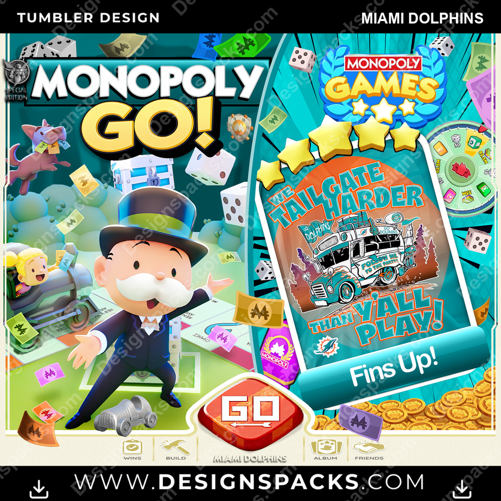 Football Monopoly Go! Miami Dolphins NFL Football Tumbler Digital Wrap Design Download