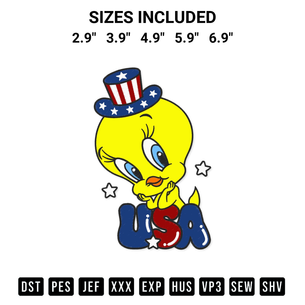 Shop the Tweety Bird Usa Embroidery Design machine embroidery pattern at Designspacks.com. Beautifully digitized for flawless stitching on any fabric. Available sizes: 2.9", 3.9", 4.9", 5.9", 6.9".