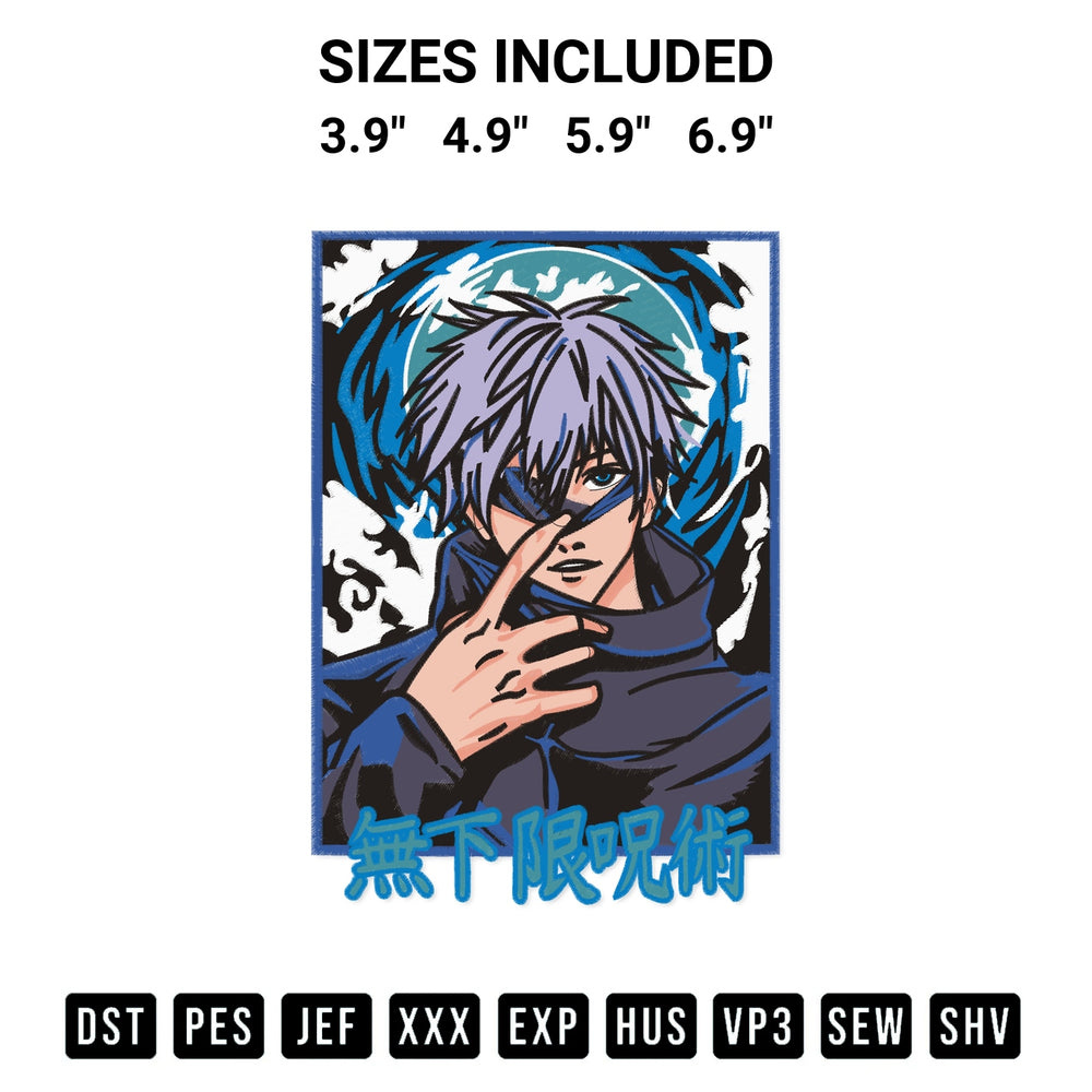 Transform your fabrics with the Satoru Gojo Anime Embroidery Design embroidery design. Instant access to premium digitized patterns at Designspacks.com. Available sizes: 3.9", 4.9", 5.9", 6.9".