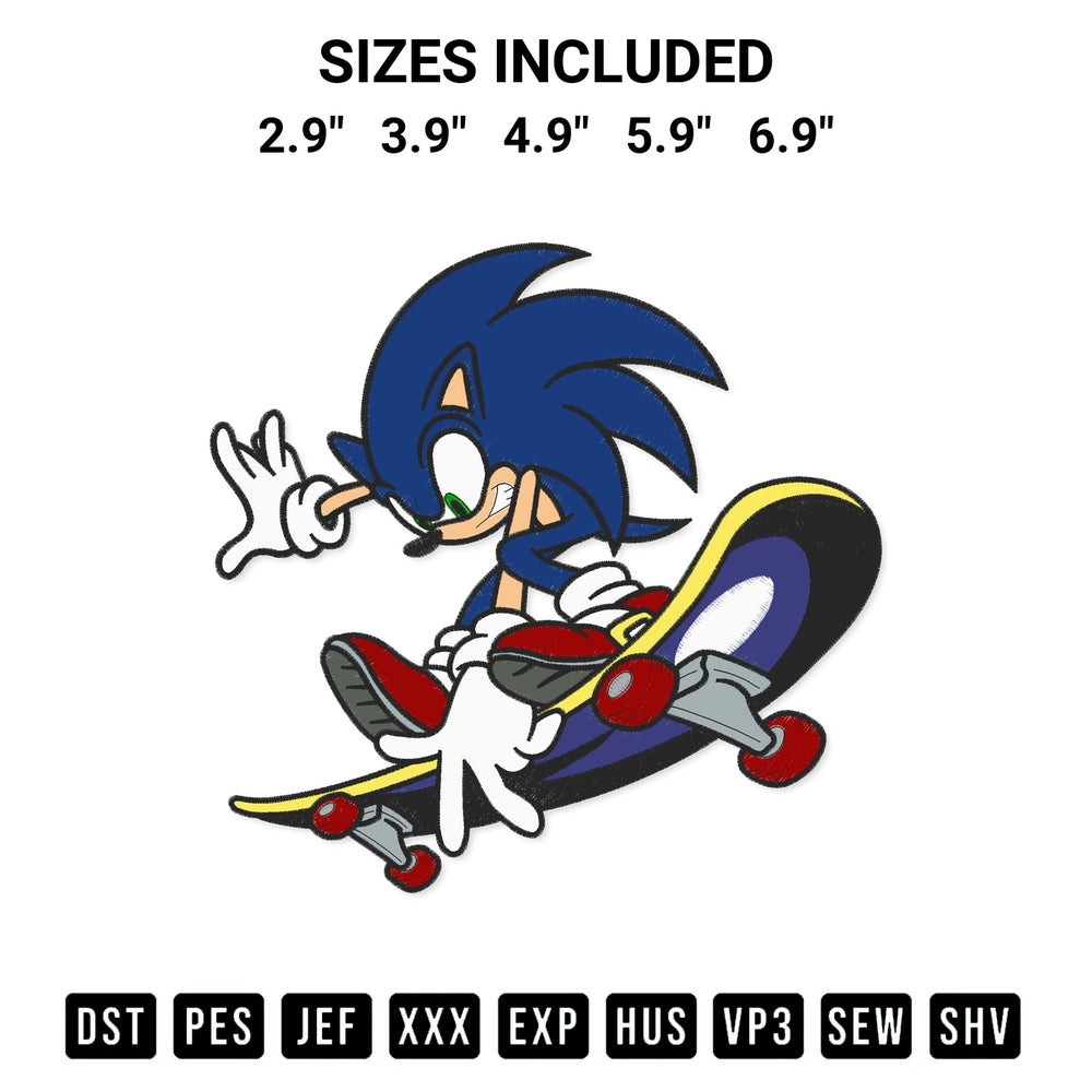 Stitch like a pro with the Sonic Skateboarding Embroidery Design embroidery pattern from Designspacks.com. High-quality digital machine embroidery file. Available sizes: 2.9", 3.9", 4.9", 5.9", 6.9".