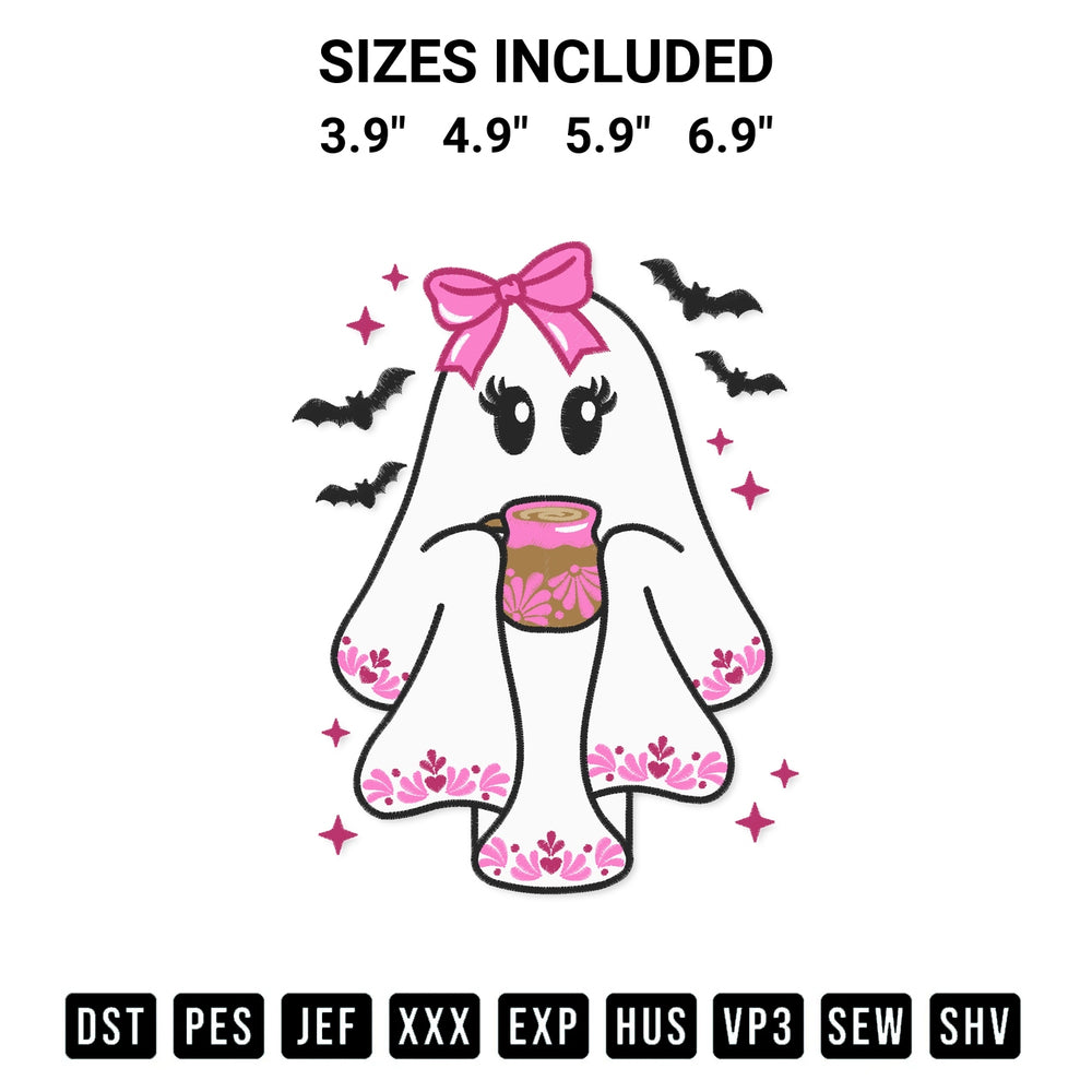 Discover the perfect addition to your crafting collection: Coquette Mexican Ghost Drinking Coffee Embroidery Design embroidery file. Instantly available at Designspacks.com. Available sizes: 3.9", 4.9", 5.9", 6.9".