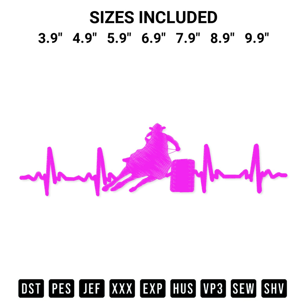 Shop the Heartbeat Barrel Racer Embroidery Design machine embroidery pattern at Designspacks.com. Beautifully digitized for flawless stitching on any fabric. Available sizes: 3.9", 4.9", 5.9", 6.9", 7.9", 8.9", 9.9".