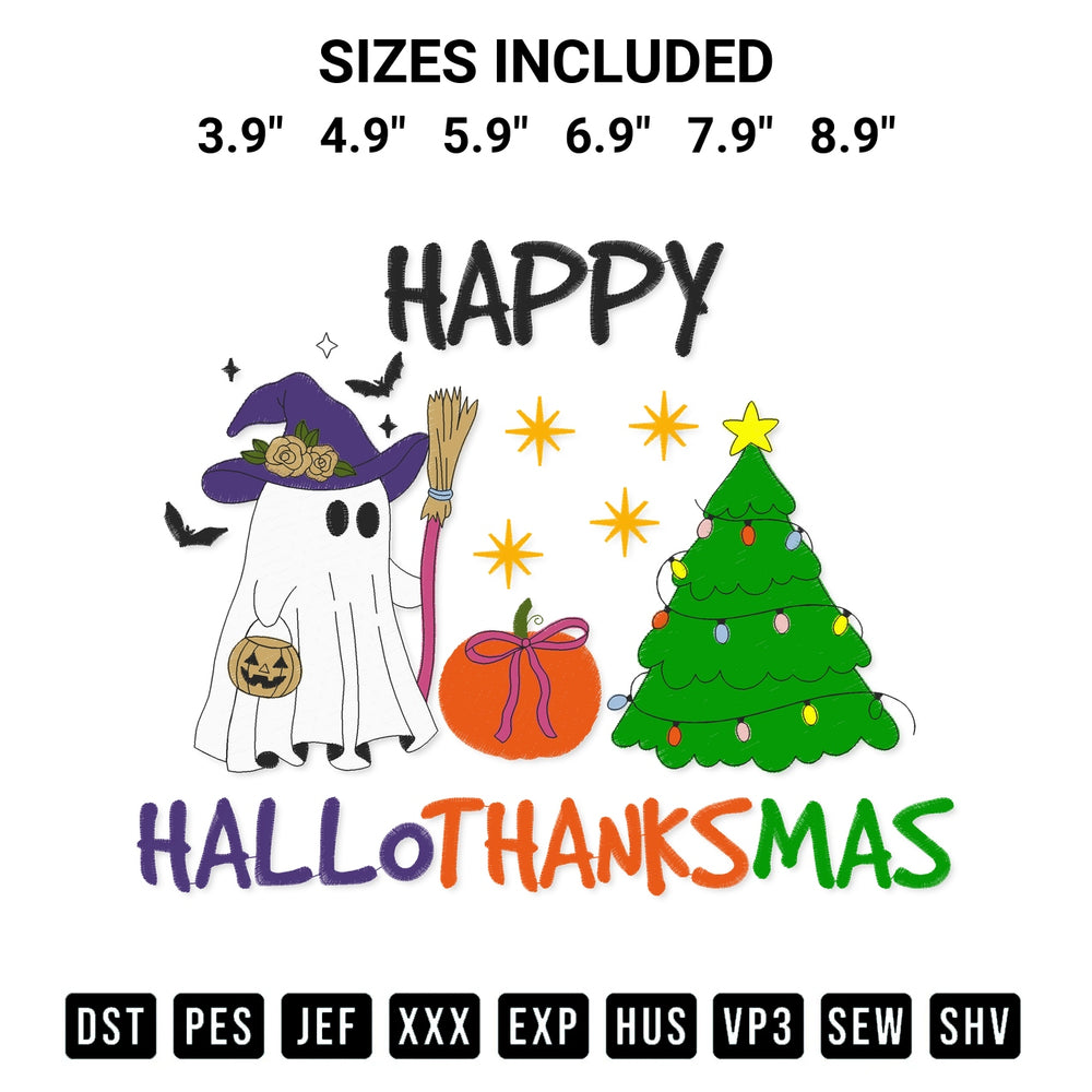 Add a unique touch to your apparel with the Happy Hallothanksmas Embroidery Design embroidery file. Premium instant download available now on Designspacks.com. Available sizes: 3.9", 4.9", 5.9", 6.9", 7.9", 8.9".