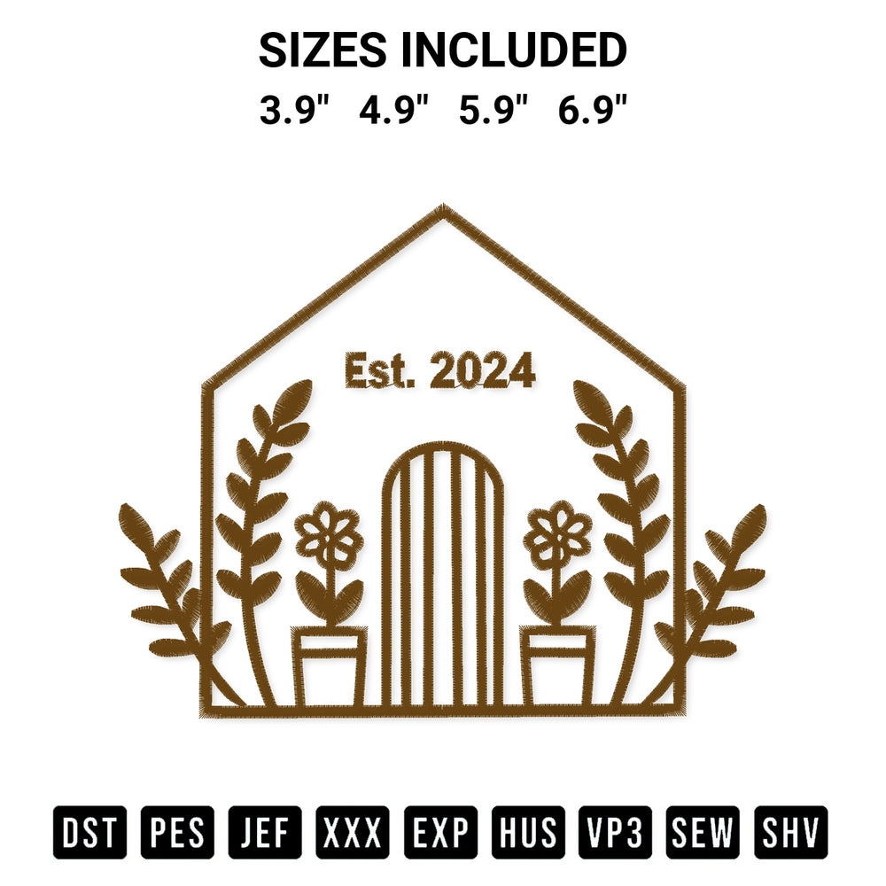 Create amazing crafts with the Flower House Est 2024 Logo Embroidery Design embroidery file. High-quality digital download from Designspacks.com, perfect for beginners and pros. Available sizes: 3.9", 4.9", 5.9", 6.9".