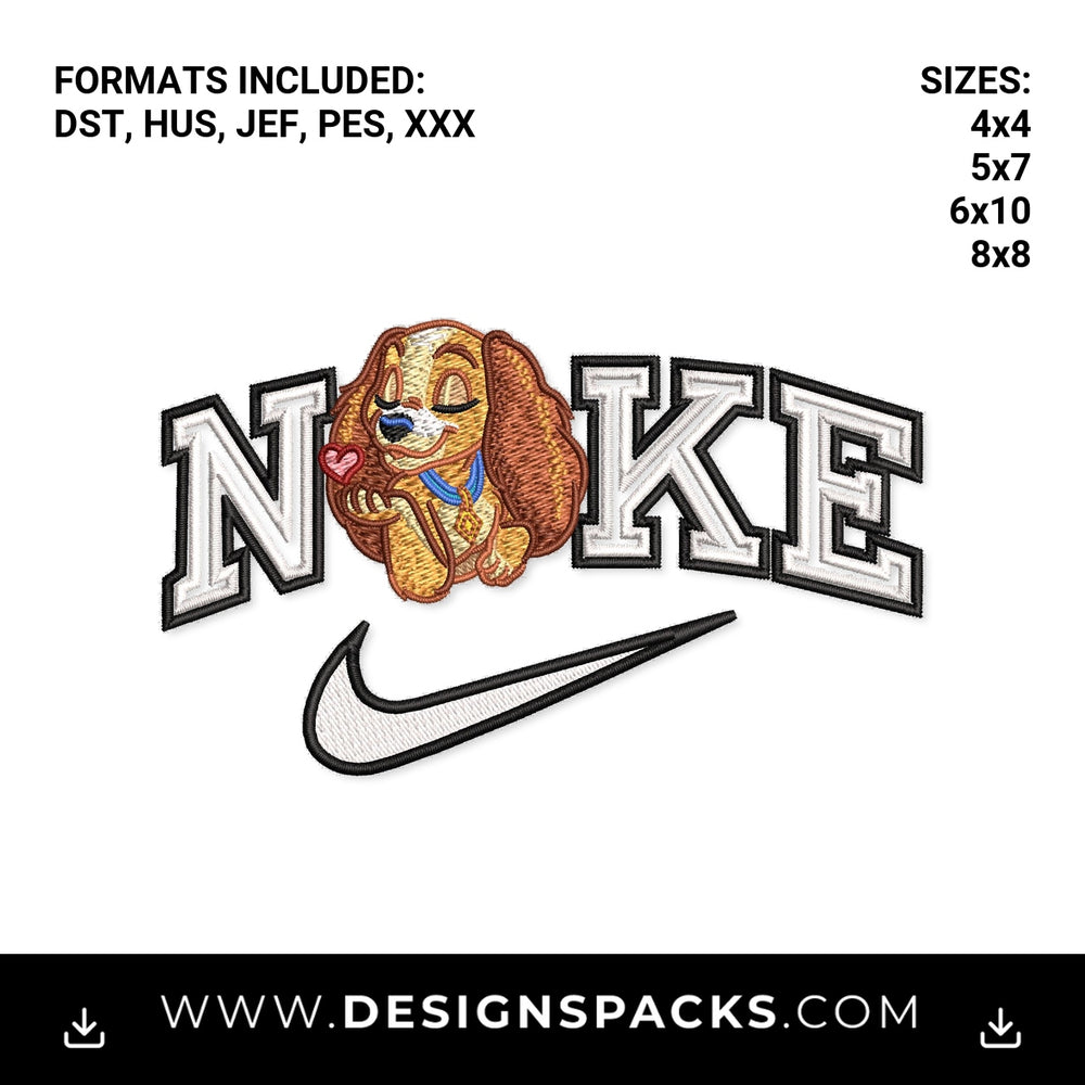 Lady And The Tramp Nike Swoosh Embroidery Design - Instant digital download pattern at Designspacks.com
