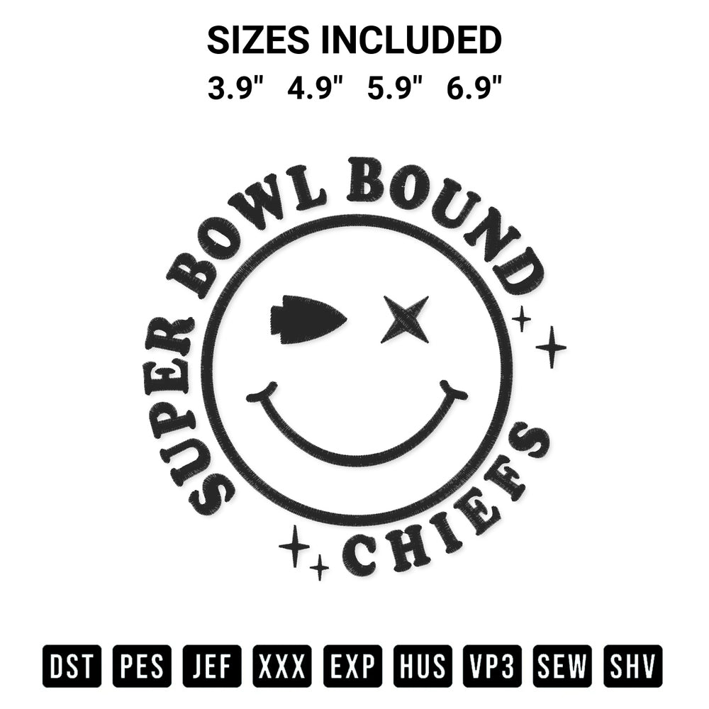 Transform your fabrics with the Smiley Face Super Bowl Bound Chiefs Embroidery Design embroidery design. Instant access to premium digitized patterns at Designspacks.com. Available sizes: 3.9", 4.9", 5.9", 6.9".