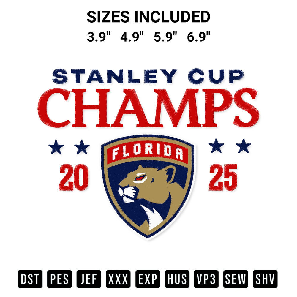 Get the Florida Panthers 2025 Stanley Cup Champions Logo Embroidery Design embroidery design for your custom crafts! Premium digitized files available for instant download at Designspacks.com. Available sizes: 3.9", 4.9", 5.9", 6.9".