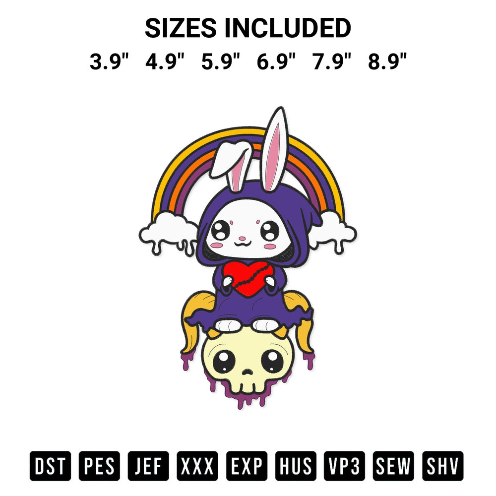 Add a unique touch to your apparel with the Kawaii Bunny With Skeleton And Rainbow Embroidery Design embroidery file. Premium instant download available now on Designspacks.com. Available sizes: 3.9", 4.9", 5.9", 6.9", 7.9", 8.9".