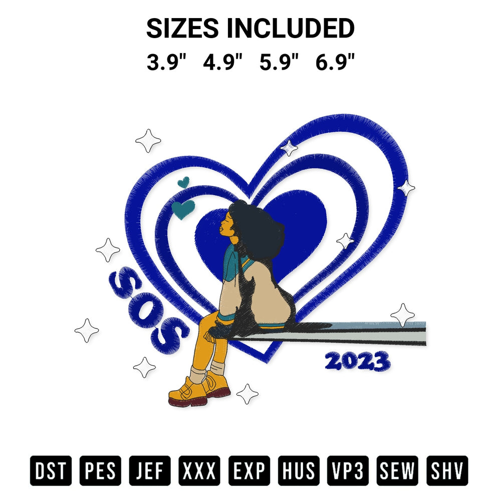 Looking for the perfect pattern? Download the Sza S.O.S Tour 2023 Embroidery Design embroidery design today at Designspacks.com. Crisp, clean stitching guaranteed. Available sizes: 3.9", 4.9", 5.9", 6.9".