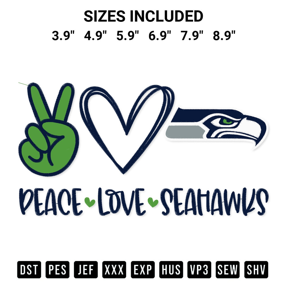Stitch like a pro with the Peace Love Seattle Seahawks Embroidery Design embroidery pattern from Designspacks.com. High-quality digital machine embroidery file. Available sizes: 3.9", 4.9", 5.9", 6.9", 7.9", 8.9".