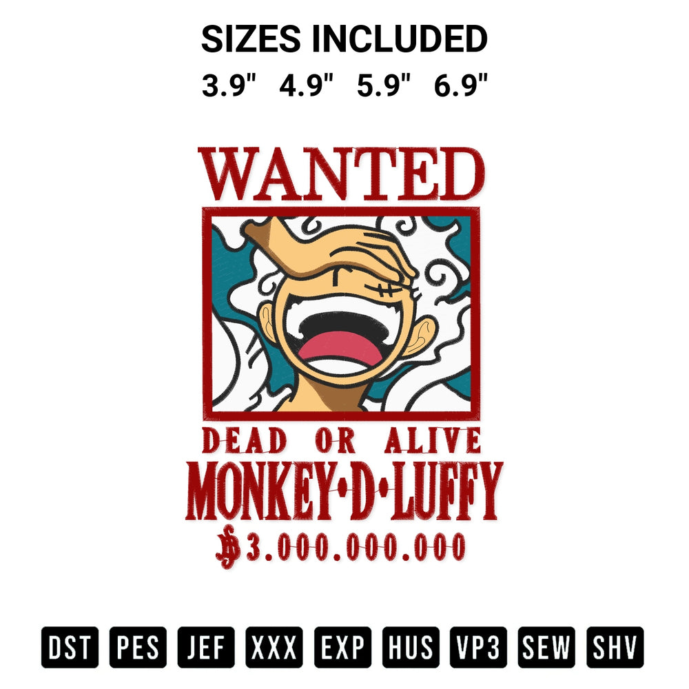 Get the Luffy Gear 5 Bounty Embroidery Design embroidery design for your custom crafts! Premium digitized files available for instant download at Designspacks.com. Available sizes: 3.9", 4.9", 5.9", 6.9".
