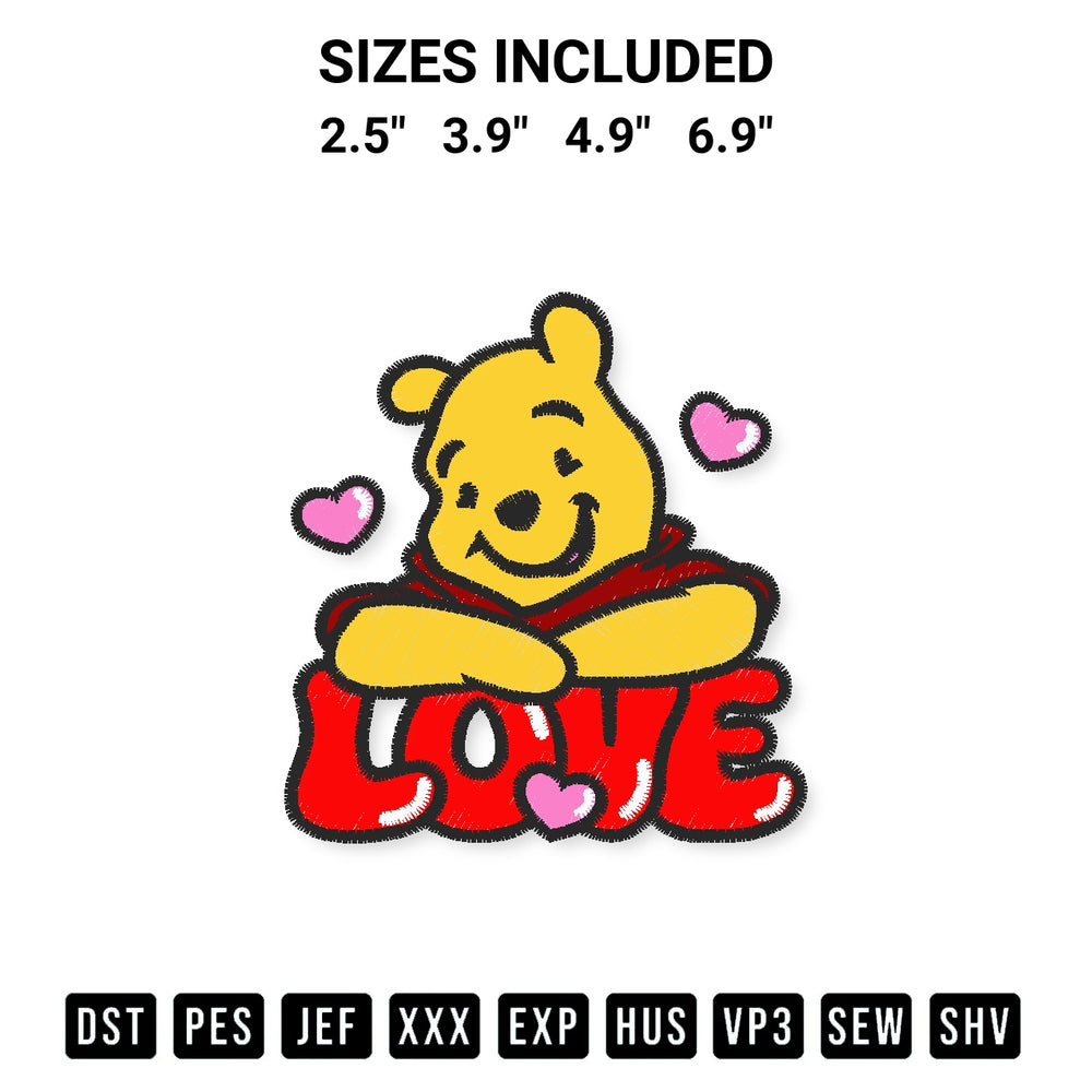 Get the Love Pooh Bear Valentine Embroidery Design embroidery design for your custom crafts! Premium digitized files available for instant download at Designspacks.com. Available sizes: 2.5", 3.9", 4.9", 6.9".