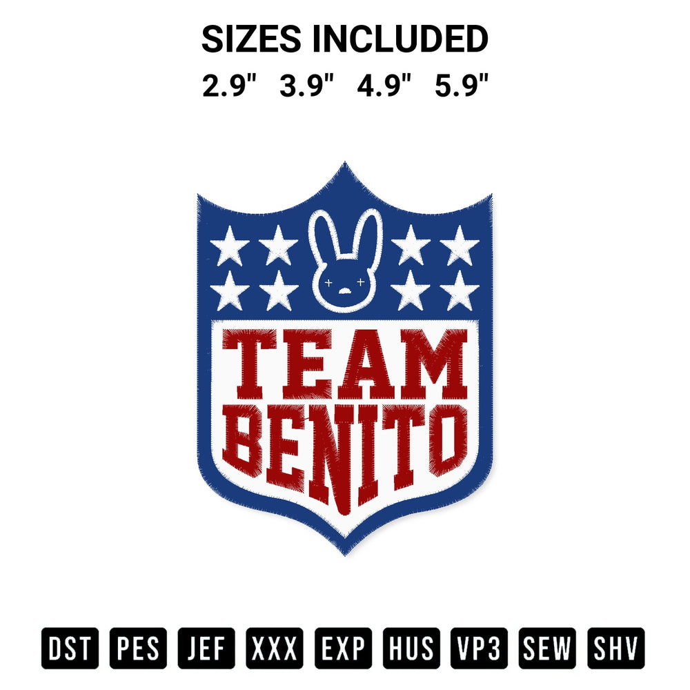 Transform your fabrics with the Team Benito Bad Bunny Embroidery Design embroidery design. Instant access to premium digitized patterns at Designspacks.com. Available sizes: 2.9", 3.9", 4.9", 5.9".